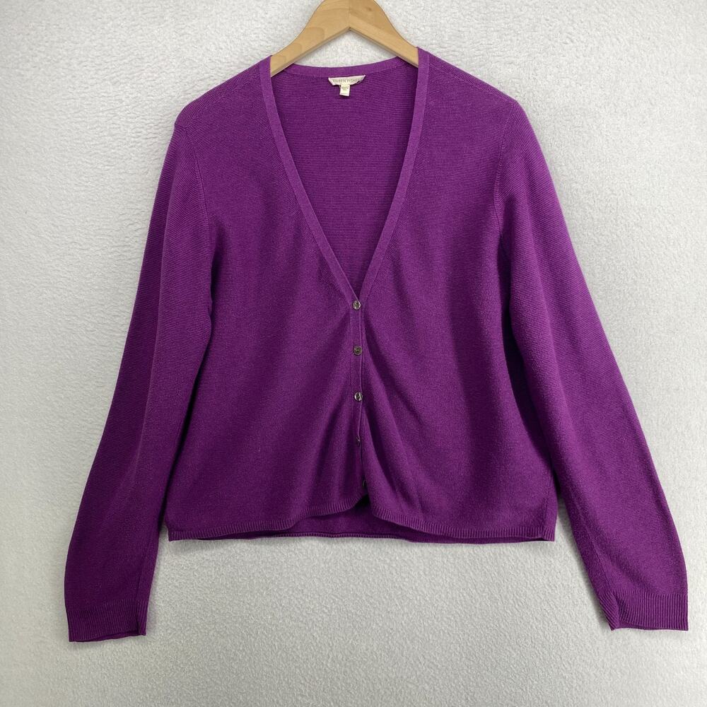 EILEEN FISHER Cardigan XL Organic Cotton V-Neck Button Front Sweater Purple